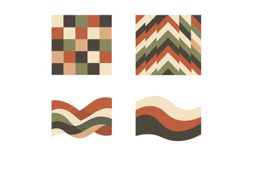 Fototapeta premium A collection of four retro geometric patterns featuring checkerboard, chevron, and wavy designs in a palette of terracotta, olive green, charcoal, and cream on a black background.