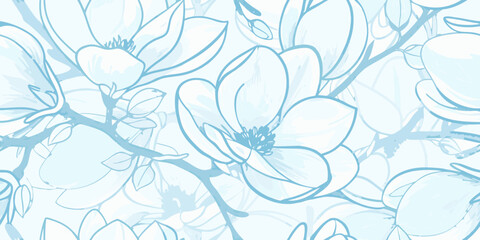 Delicate blue line art illustration of blooming magnolia flowers and branches © Sourav