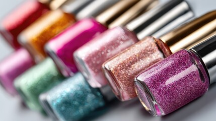 Vibrant Collection of Glittery Nail Polish Bottles in a Colorful Spectrum Displayed on a Soft Background for Beauty and Fashion Enthusiasts