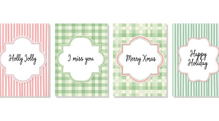 Obraz premium Four christmas greeting cards with different patterns and text on white background