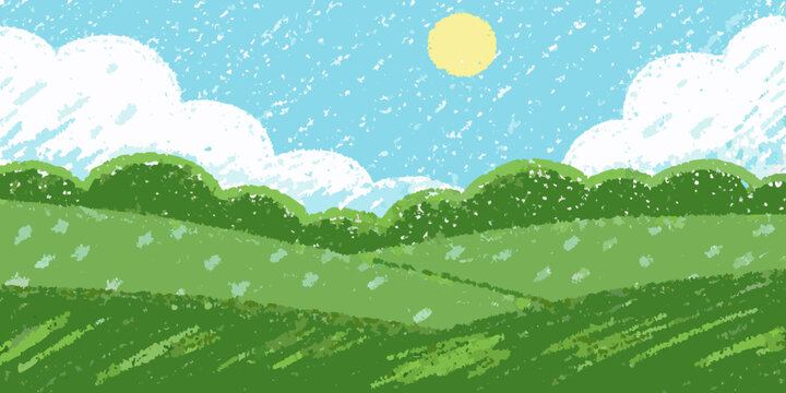 A whimsical landscape with a bright sun fluffy clouds and rolling hills