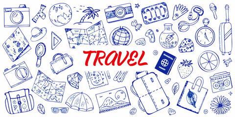 A colorful doodle collection featuring travel themed items and accessories © Sourav