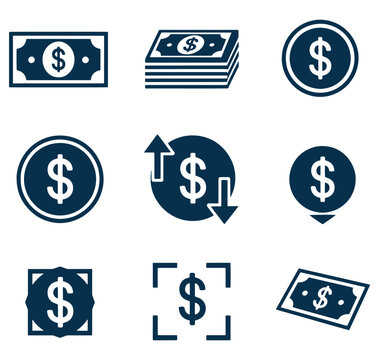 Set of dollar sign currency icons for business and finance concepts