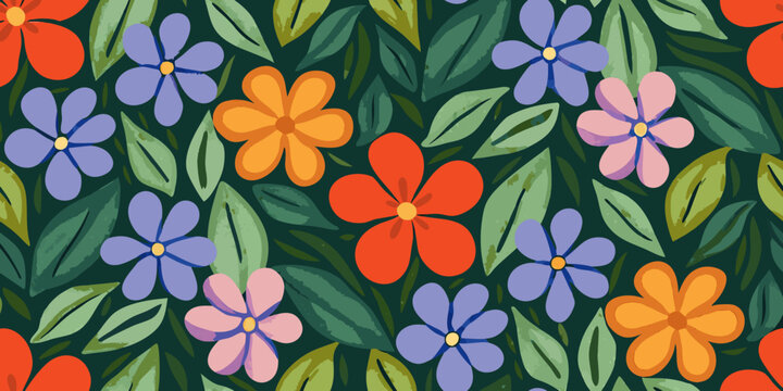 A vibrant repeating floral pattern with orange purple and blue flowers