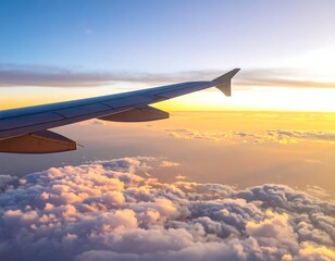 Fototapeta premium A vibrant airplane wing soaring above fluffy clouds at sunset
