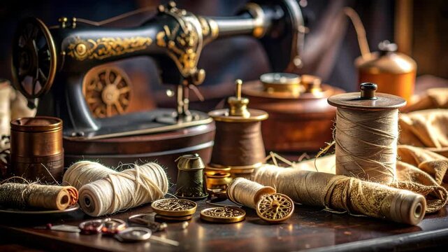 Vintage Ornate Sewing Machine with Spools of Thread and Antique Buttons in a Traditional Tailor Workshop