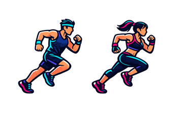 Fototapeta premium Vibrant illustration of a male and female athlete jogging in a dynamic pose. The figures are rendered in a modern graphic style with bold colors and outlines on a black backdrop.