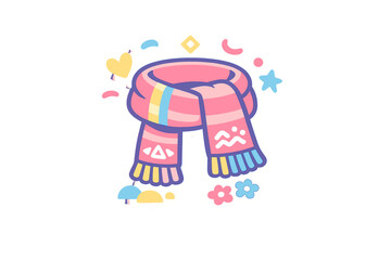 Fototapeta premium A vibrant cartoon scarf illustration featuring pastel stripes and geometric patterns, surrounded by decorative hearts, stars, and flowers on a dark background.