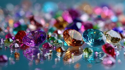 A Vibrant Collection of Colorful Gemstones and Crystals Sparkling on a Reflective Surface, Capturing the Light and Beauty of Each Facet in Stunning Detail