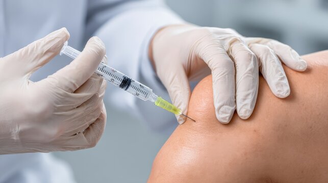 Medical professional administering injection into patient&rsquo;s knee joint for treatment, emphasizing the importance of healthcare and preventative medicine in clinical settings