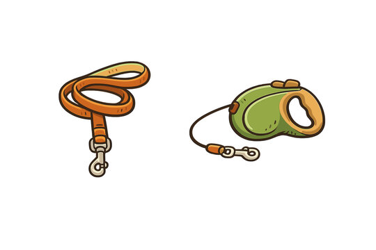 This illustration shows two dog leashes against a black backdrop: a coiled orange strap leash with a metal clip and a green retractable leash with a tan handle and clip.