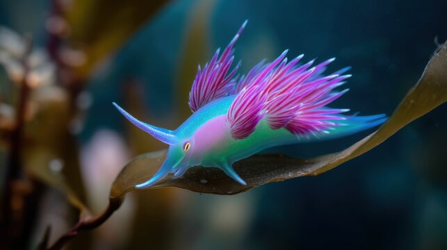 Vibrant sea slug nudibranch with striking purple cerata slowly crawling on a delicate kelp frond underwater