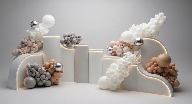 A modern, abstract art installation featuring a series of geometric shapes and balloons, with a neutral background and subtle lighting.