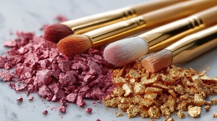Close-up view of vibrant crushed glitter in pink and gold shades alongside professional makeup brushes resting on a marble surface, ideal for beauty and makeup themes.