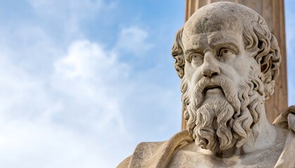 Ancient Greek Statue Bust of a Philosopher Under a Blue Sky.