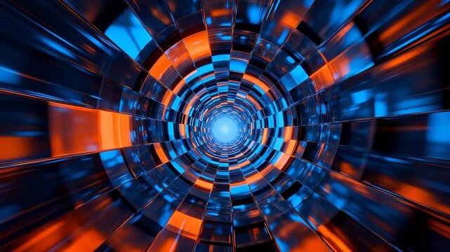 Sci-fi circular tunnel with blue and orange metallic spiral panels and strong contrast