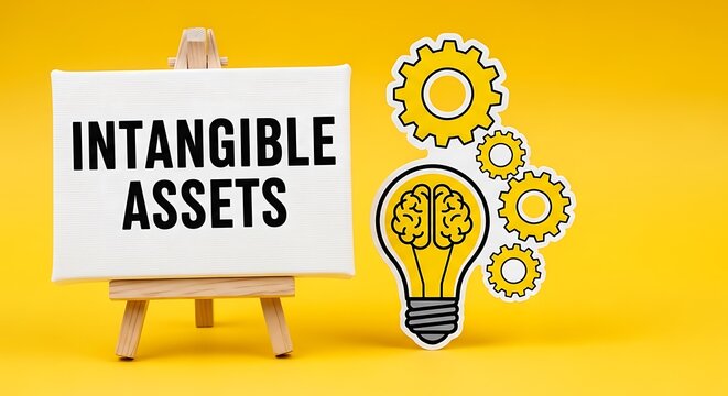 Intangible assets concept with easel sign and lightbulb brain and gears icons on yellow background for business finance branding featuring intellectual property, ip, brand value with goodwill and