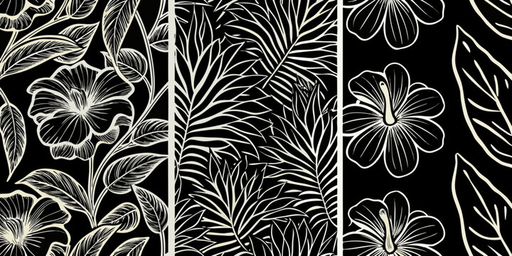 Elegant botanical illustration featuring tropical flowers and palm leaves