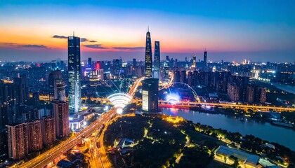 Obraz premium Aerial view of a modern cityscape at dusk. Lit buildings and highways near a river against a twilight sky