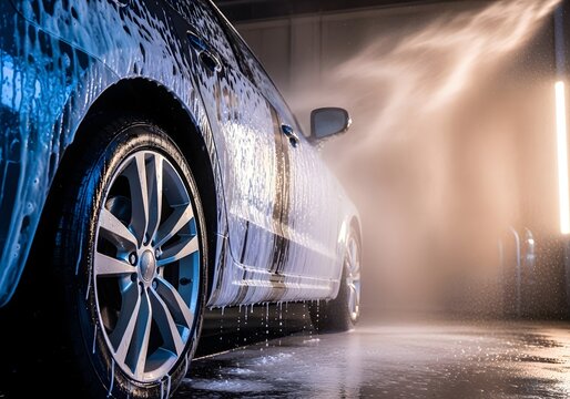 A car is being washed in a modern facility with bright lights