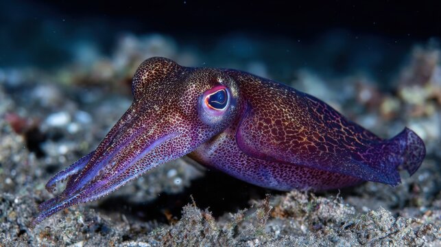 Mysterious Vampire Squid With Dark Cloak And Striking Eye In Deep Ocean Depths