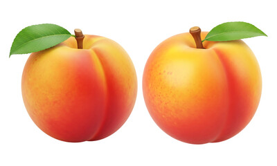 Two ripe, juicy peaches with green leaves, showcasing their vibrant orange and red hues, isolated on transparent background
