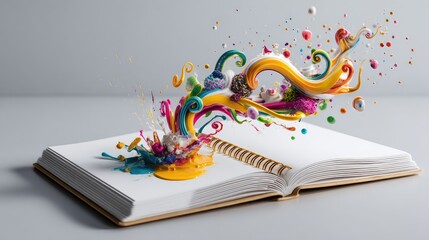 Fototapeta premium Vibrant Creative Expression Unleashed from an Open Book with Colorful Swirls, Shapes, and Splashes Capturing the Essence of Imagination and Inspiration