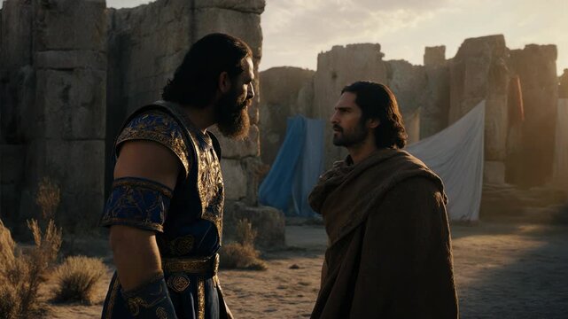 Biblical confrontation between Laban and Jacob amidst ancient ruins. Two historical figures arguing in a dramatic setting. Old Testament narrative