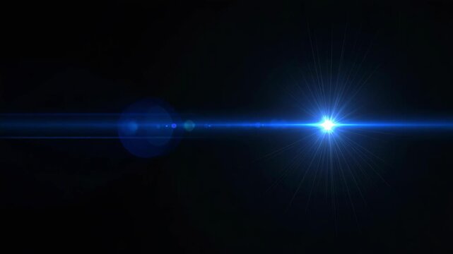 Bright blue anamorphic lens flare with horizontal light streak and radiating starburst on black background