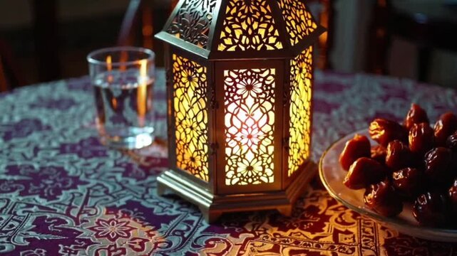 Ornate lantern glowing warmly near carefully arranged dates and water glass, representing peaceful Ramadan evening moment of tranquil iftar gathering
