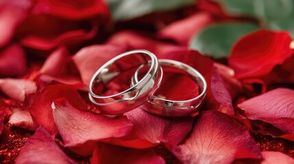 Elegantly Placed Silver Wedding Rings on a Bed of Red Rose Petals Creating a Romantic Atmosphere for Weddings and Celebrations