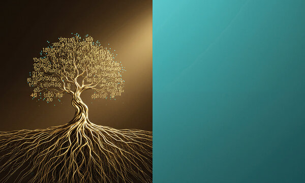 Data wealth tree growing from binary roots with golden organic structure and teal copy space for business concepts