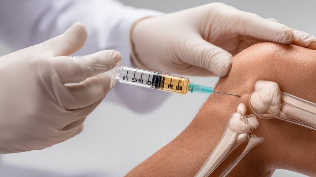 Professional healthcare provider administering injection into knee joint, focusing on pain relief treatment for patients with joint issues and injuries, close-up view of medical procedure