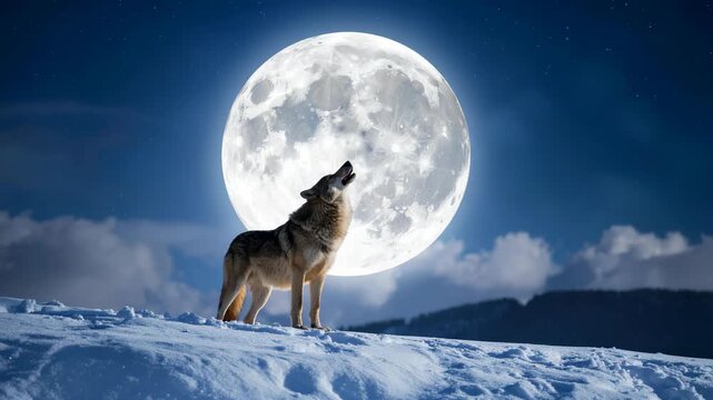 Majestic gray wolf howling at a massive full moon on a snowy winter mountain ridge under a starry night sky