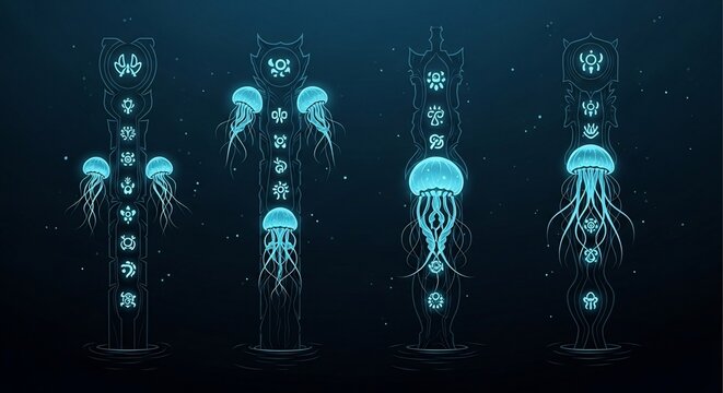 Glowing jellyfish in dark aquarium water.