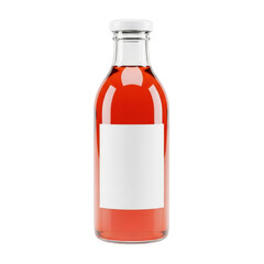 Glass bottle of orange liquid with blank label isolated on transparent background