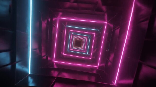Infinite tunnel with diamond shapes and neon pink, blue, and yellow lights abstract geometric