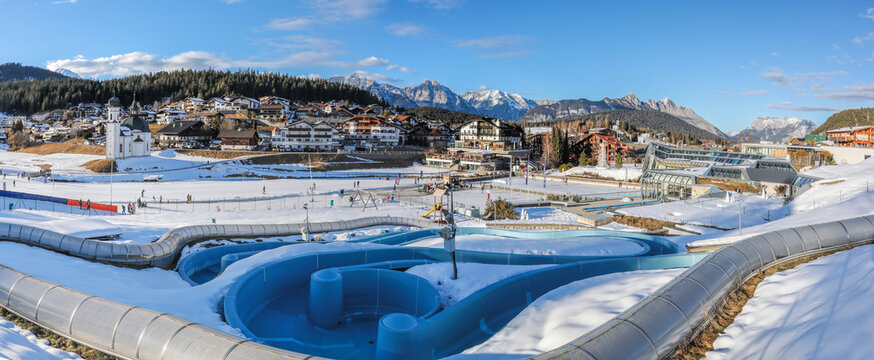 Winter panorama of Seefeld village with the church at sunset in in the Tyrolean Alps, Austria