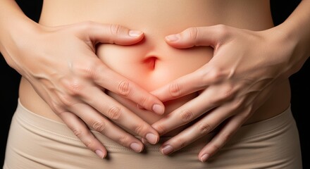 A Serene Moment of Relief A Close-Up of a Person Gently Cradling Their Abdomen in Comfort