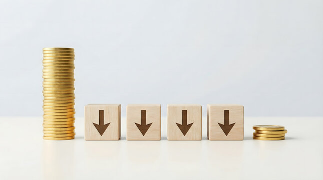 Decreasing financial value, coins and wooden blocks with down arrows