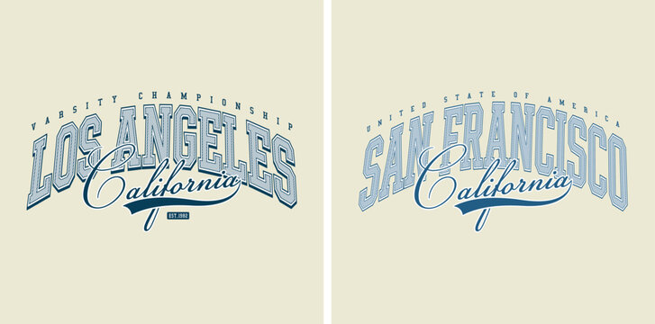 Los Angeles and San Fran Francisco California curve varsity script retro vintage sport USA Trending American Graphic Tee t-shirt logo slogan graphic artwork typography vector design