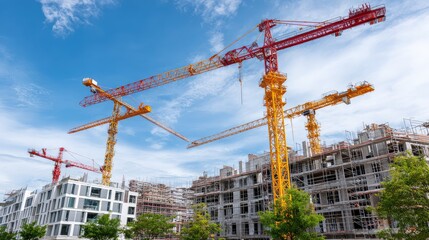Construction Site with Tower Cranes Under Bright Blue Sky, Showcasing Modern Building Development and Urban Growth in a Vibrant City Environment