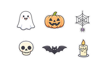 Fototapeta premium A collection of six cute Halloween stickers featuring a smiling ghost, a carved pumpkin, a spider web, a skull, a bat, and a lit candle, all set against a solid black background.