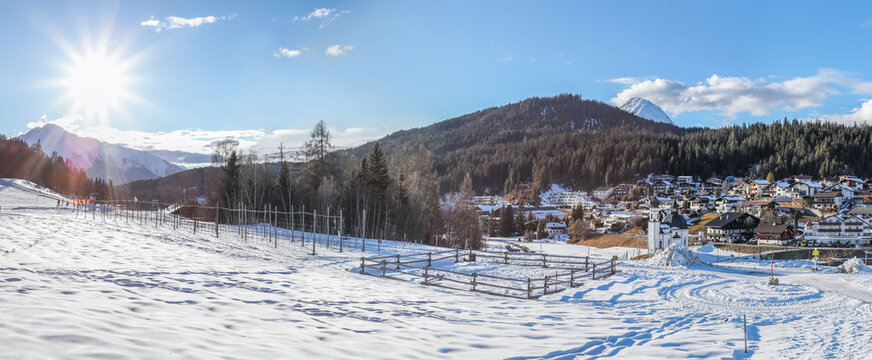 Winter panorama of Seefeld village at sunset in in the Tyrolean Alps, Austria
