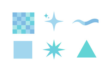 Obraz premium This set features various light blue and turquoise geometric icons such as stars, a triangle, squares, and a wavy line, all displayed against a plain black backdrop.