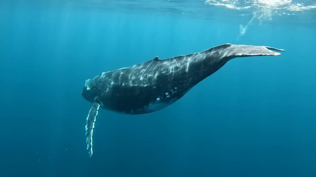 A majestic whale swims gracefully underwater in the vast, bright blue ocean