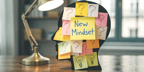 New Mindset and creative thinking in self development with model of a human head covered with colorful Post it notes and question marks