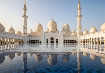 A stunning white mosque with domes and minarets reflected in a pool of water