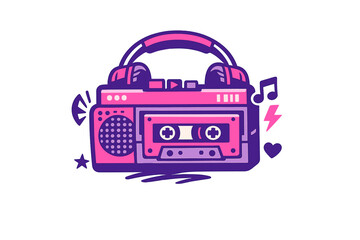 A colorful graphic depicts a vintage cassette player with headphones, surrounded by musical symbols like notes and a lightning bolt in a stylized purple and pink neon palette on a dark background.