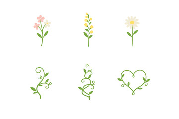 A collection of six hand-drawn floral and vine illustrations on a black background, featuring colorful flowers, green leaves, and a heart-shaped vine design in a simple flat style. © Mark